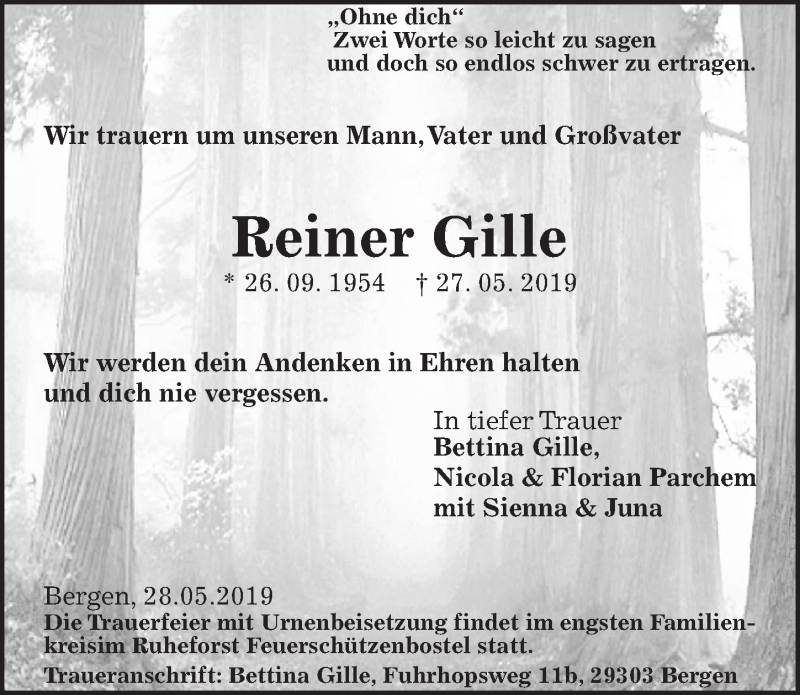  Traueranzeige für Reiner Gille vom 01.06.2019 aus Peiner Allgemeine Zeitung