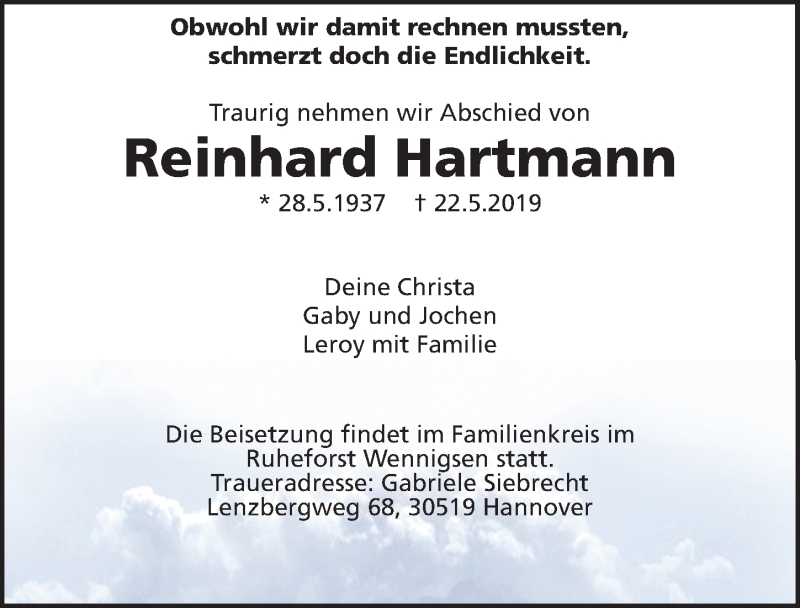  Traueranzeige für Reinhard Hartmann vom 01.06.2019 aus Hannoversche Allgemeine Zeitung/Neue Presse