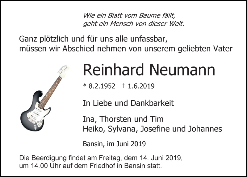  Traueranzeige für Reinhard Neumann vom 12.06.2019 aus Ostsee-Zeitung GmbH