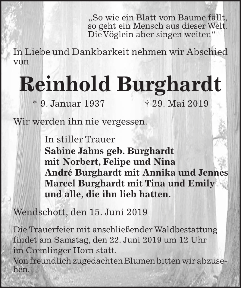  Traueranzeige für Reinhold Burghardt vom 15.06.2019 aus Aller Zeitung
