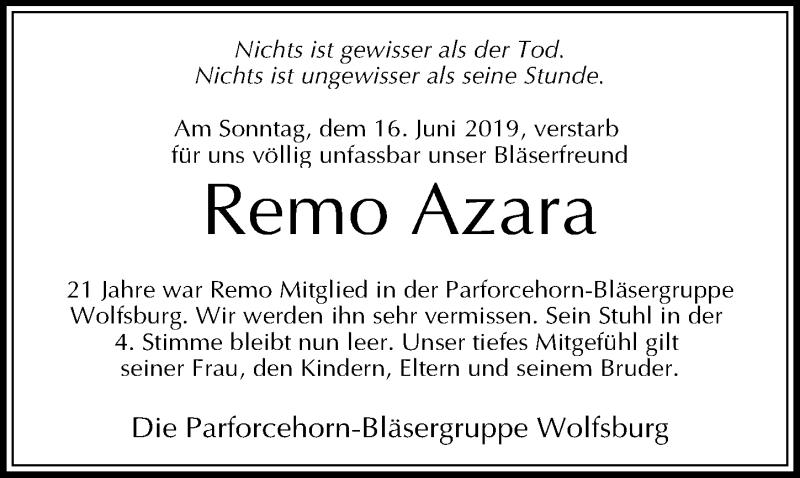  Traueranzeige für Remo Azara vom 28.06.2019 aus Aller Zeitung