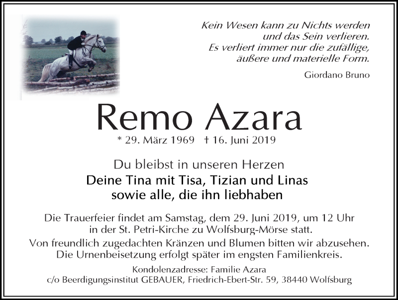  Traueranzeige für Remo Azara vom 26.06.2019 aus Aller Zeitung