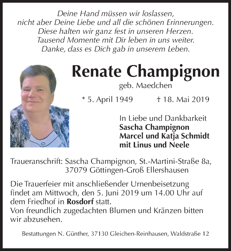  Traueranzeige für Renate Champignon vom 01.06.2019 aus Göttinger Tageblatt