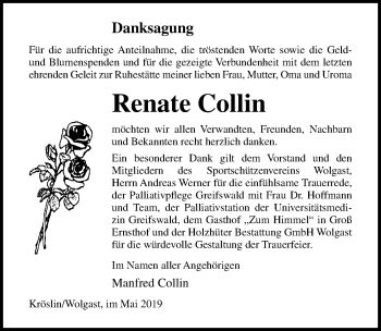Traueranzeige von Renate Collin von Ostsee-Zeitung GmbH