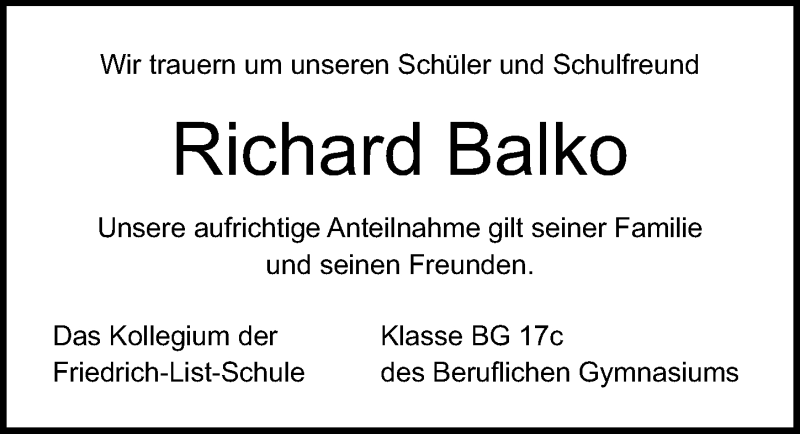  Traueranzeige für Richard Balko vom 12.06.2019 aus Lübecker Nachrichten