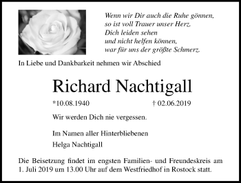 Traueranzeige von Richard Nachtigall von Ostsee-Zeitung GmbH