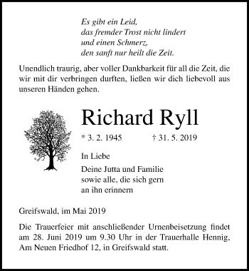 Traueranzeige von Richard Ryll von Ostsee-Zeitung GmbH