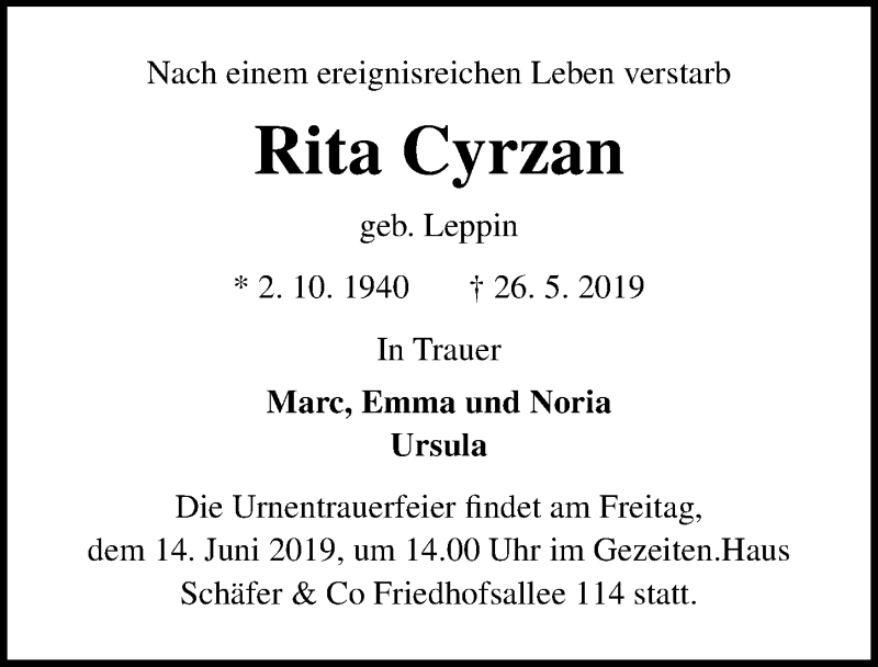  Traueranzeige für Rita Cyrzan vom 09.06.2019 aus Lübecker Nachrichten