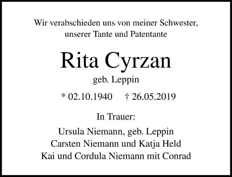  Traueranzeige für Rita Cyrzan vom 09.06.2019 aus Lübecker Nachrichten