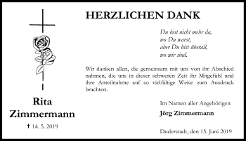 Traueranzeige von Rita Zimmermann von Eichsfelder Tageblatt