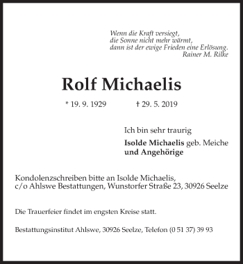 Traueranzeige von Rolf Michaelis von Hannoversche Allgemeine Zeitung/Neue Presse