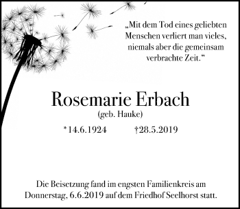 Traueranzeige von Rosemarie Erbach von Hannoversche Allgemeine Zeitung/Neue Presse