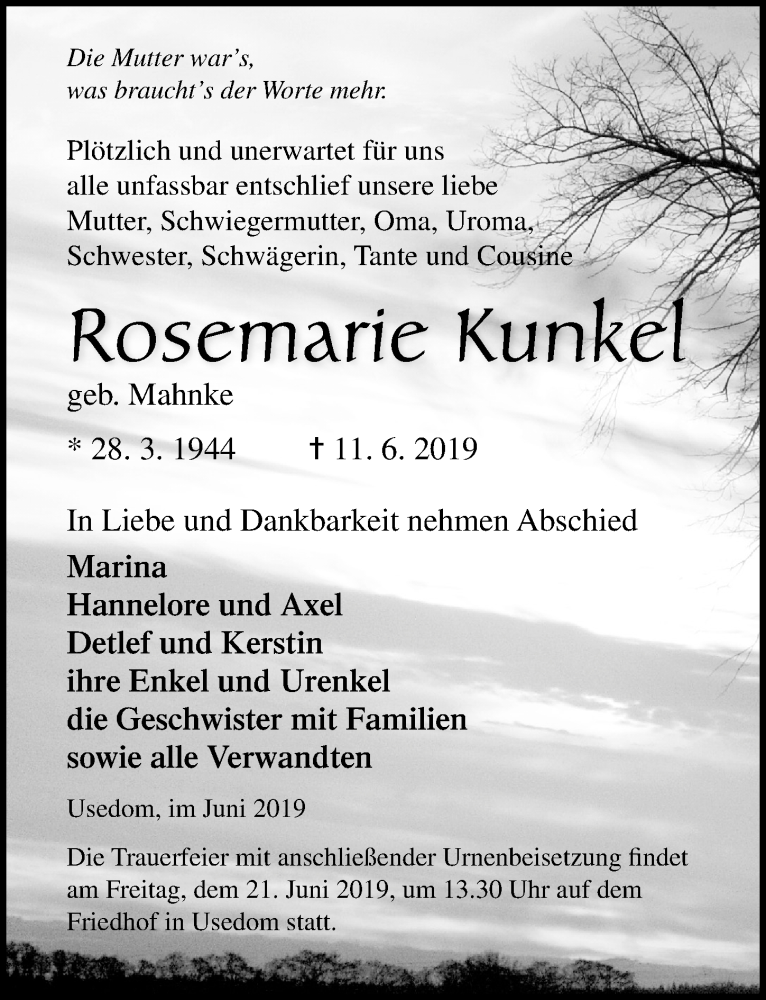  Traueranzeige für Rosemarie Kunkel vom 15.06.2019 aus Ostsee-Zeitung GmbH