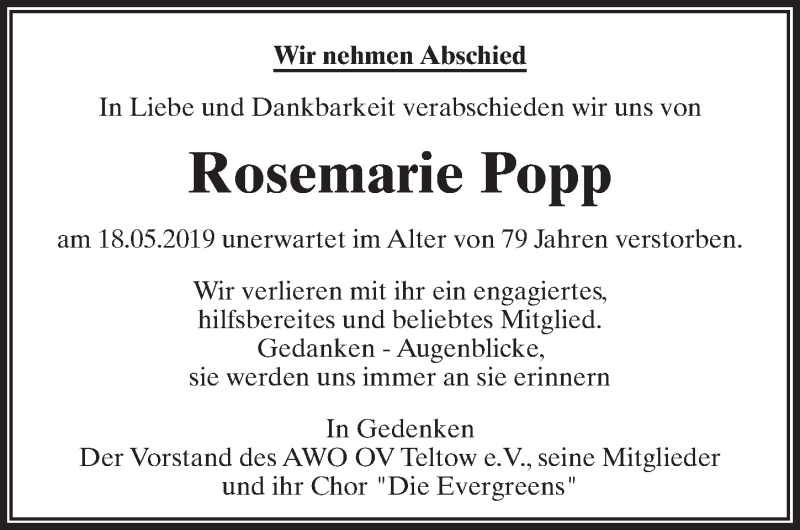  Traueranzeige für Rosemarie Popp vom 01.06.2019 aus Märkischen Allgemeine Zeitung