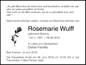 Traueranzeige von Rosemarie Wulff von Ostsee-Zeitung GmbH