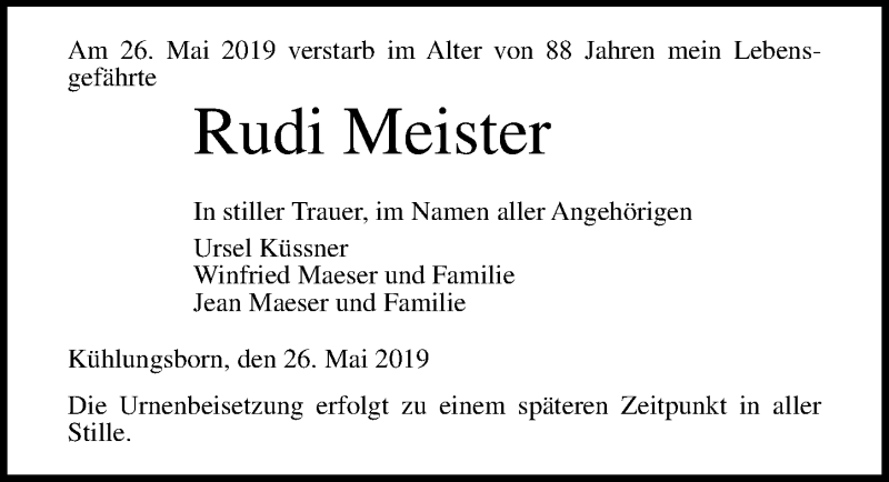  Traueranzeige für Rudi Meister vom 01.06.2019 aus Ostsee-Zeitung GmbH