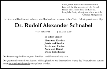 Traueranzeige von Rudolf Alexander Schnabel von Kieler Nachrichten