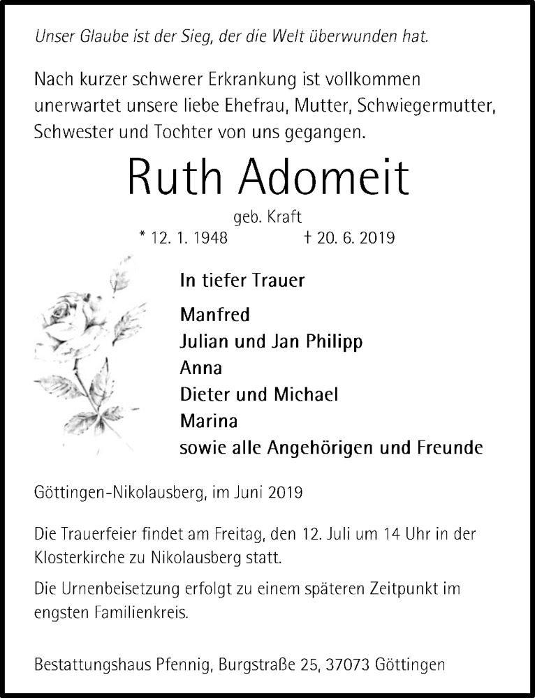  Traueranzeige für Ruth Adomeit vom 29.06.2019 aus Göttinger Tageblatt