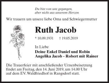 Traueranzeige von Ruth Jacob von Märkischen Allgemeine Zeitung