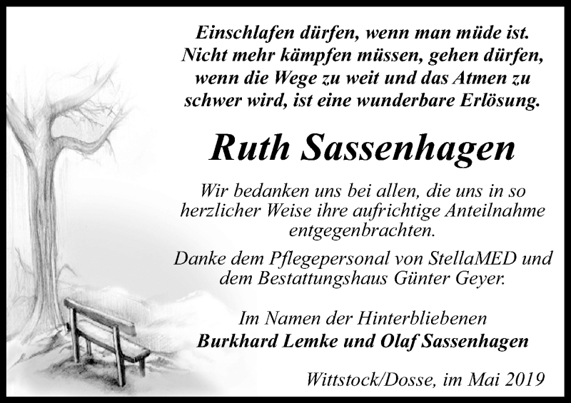  Traueranzeige für Ruth Sassenhagen vom 08.06.2019 aus Märkischen Allgemeine Zeitung