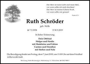 Traueranzeige von Ruth Schröder von Aller Zeitung