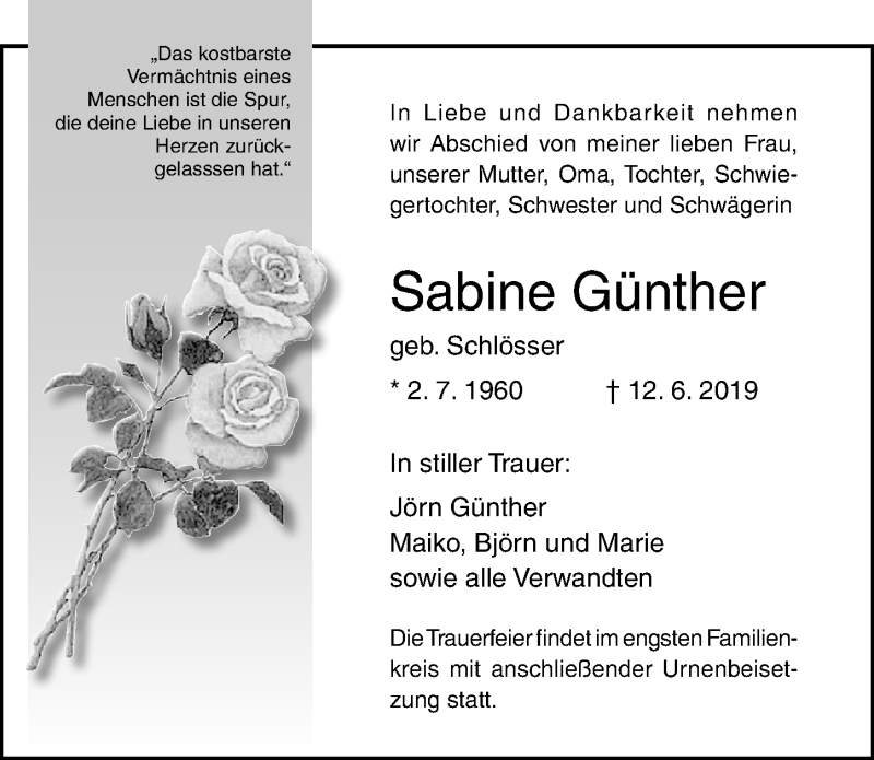  Traueranzeige für Sabine Günther vom 15.06.2019 aus Ostsee-Zeitung GmbH