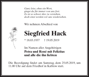 Traueranzeige von Siegfried Hack von Märkischen Allgemeine Zeitung