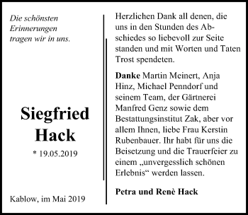 Traueranzeige von Siegfried Hack von Märkischen Allgemeine Zeitung