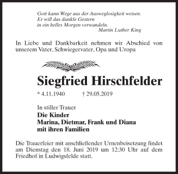 Traueranzeige von Siegfried Hirschfelder von Märkischen Allgemeine Zeitung