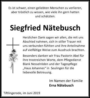 Traueranzeige von Siegfried Nätebusch von Eichsfelder Tageblatt