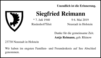 Traueranzeige von Siegfried Reimann von Lübecker Nachrichten
