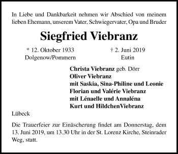 Traueranzeige von Siegfried Viebranz von Lübecker Nachrichten