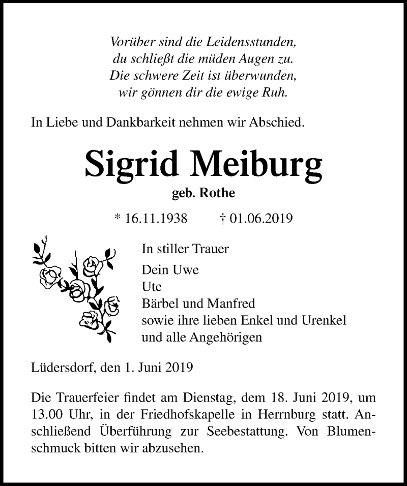  Traueranzeige für Sigrid Meiburg vom 13.06.2019 aus Lübecker Nachrichten