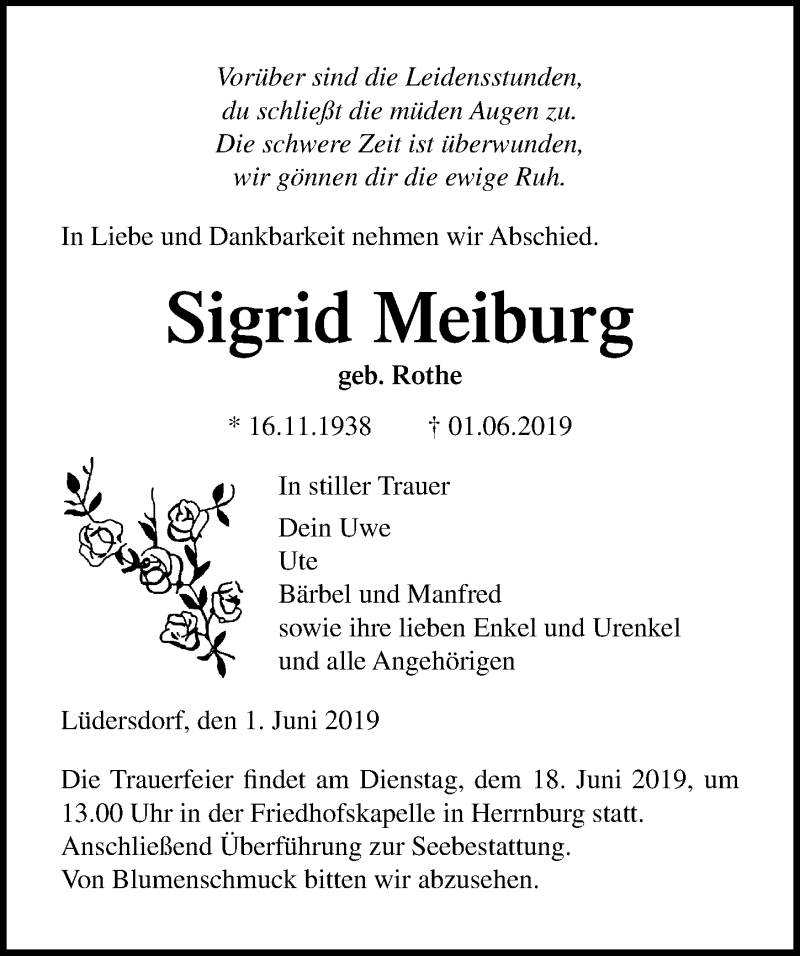  Traueranzeige für Sigrid Meiburg vom 13.06.2019 aus Ostsee-Zeitung GmbH