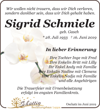 Traueranzeige von Sigrid Schmiele von Leipziger Volkszeitung