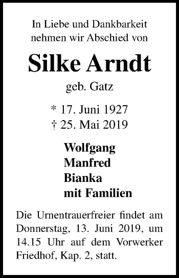 Traueranzeige von Silke Arndt von Lübecker Nachrichten