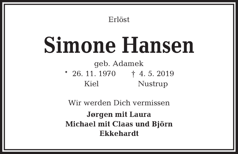  Traueranzeige für Simone Hansen vom 01.06.2019 aus Kieler Nachrichten