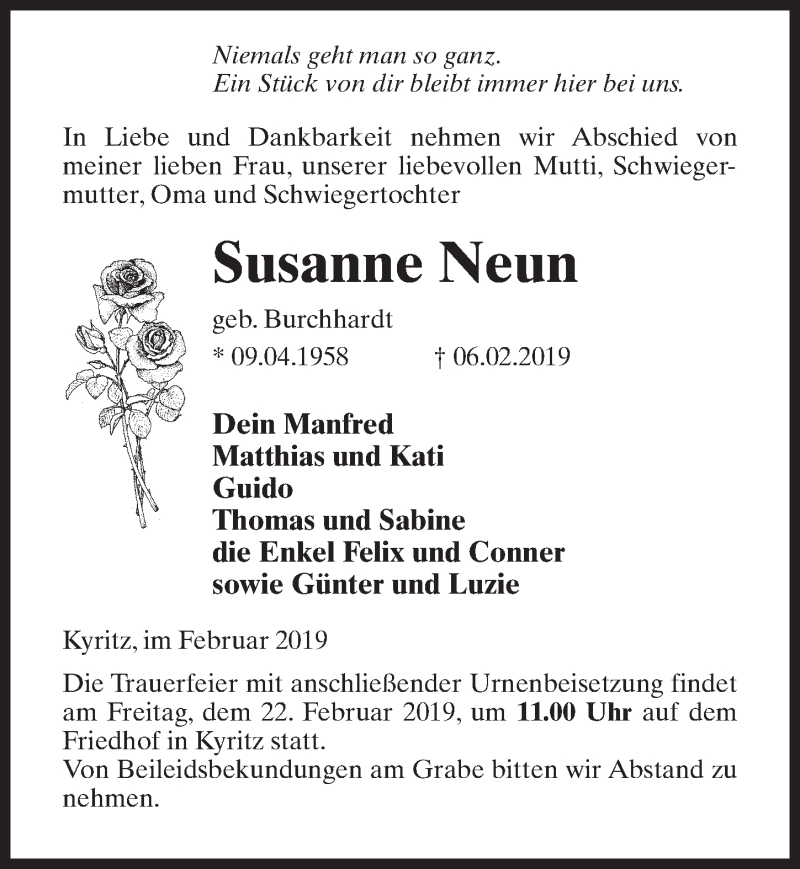  Traueranzeige für Susanne Neun vom 09.02.2019 aus Märkischen Allgemeine Zeitung
