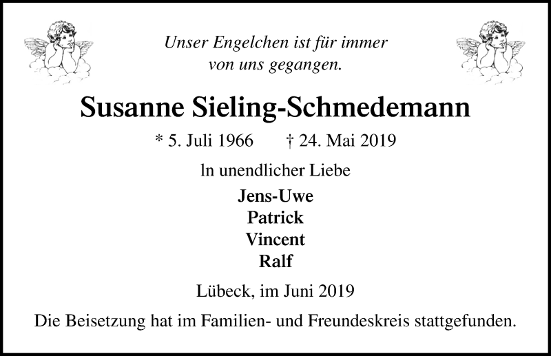  Traueranzeige für Susanne Sieling-Schmedemann vom 09.06.2019 aus Lübecker Nachrichten