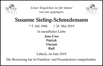 Traueranzeige von Susanne Sieling-Schmedemann von Lübecker Nachrichten