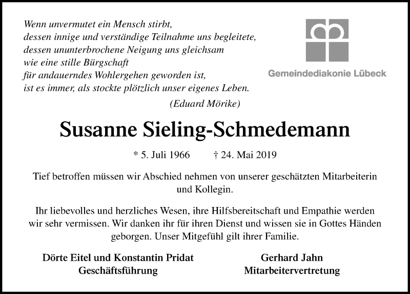  Traueranzeige für Susanne Sieling-Schmedemann vom 09.06.2019 aus Lübecker Nachrichten