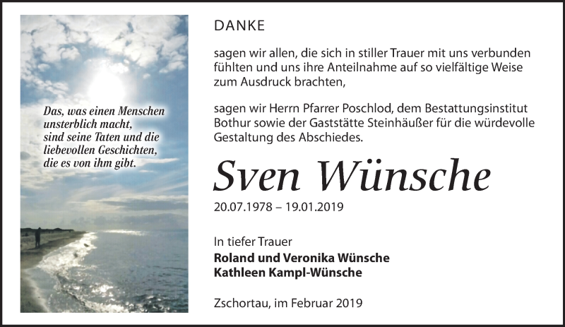 Traueranzeige für Sven Wünsche vom 09.02.2019 aus Leipziger Volkszeitung