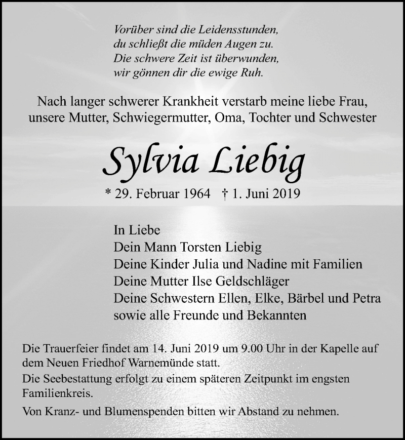  Traueranzeige für Sylvia Liebig vom 08.06.2019 aus Ostsee-Zeitung GmbH