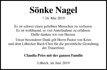 Traueranzeige von Sönke Nagel von Lübecker Nachrichten