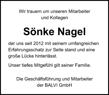 Traueranzeige von Sönke Nagel von Lübecker Nachrichten