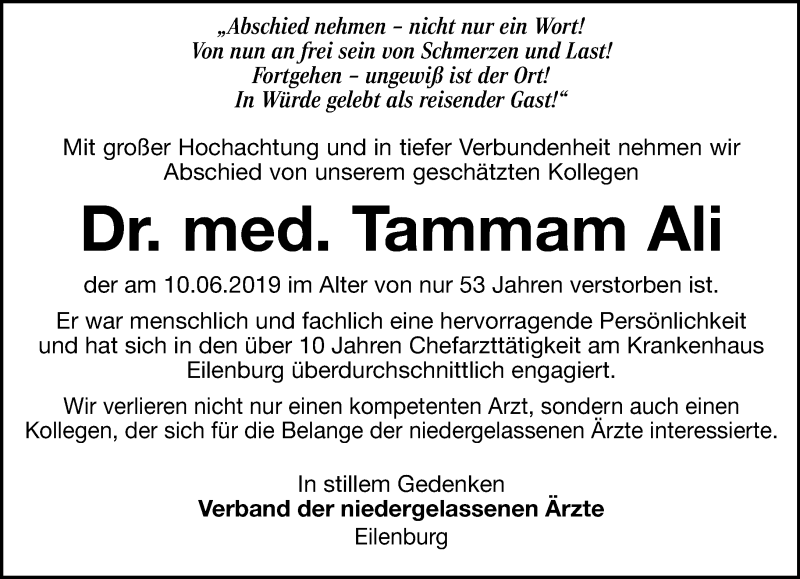  Traueranzeige für Tammam Ali vom 22.06.2019 aus Leipziger Volkszeitung
