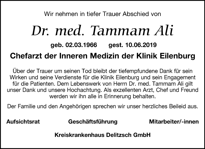  Traueranzeige für Tammam Ali vom 22.06.2019 aus Torgauer Zeitung