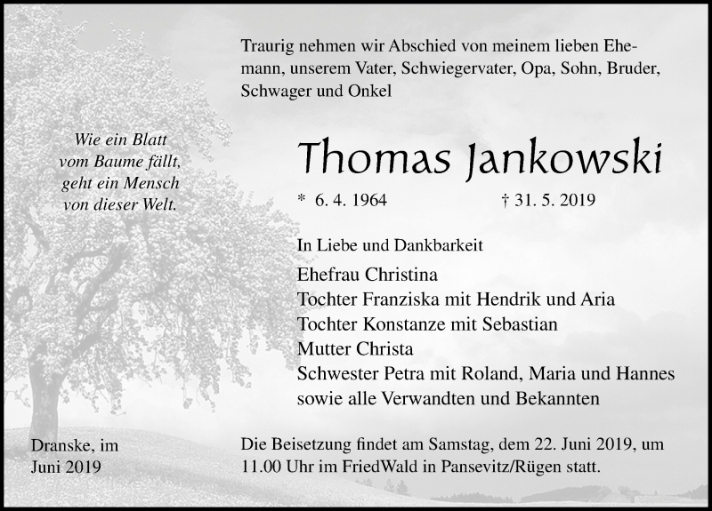  Traueranzeige für Thomas Jankowski vom 08.06.2019 aus Ostsee-Zeitung GmbH