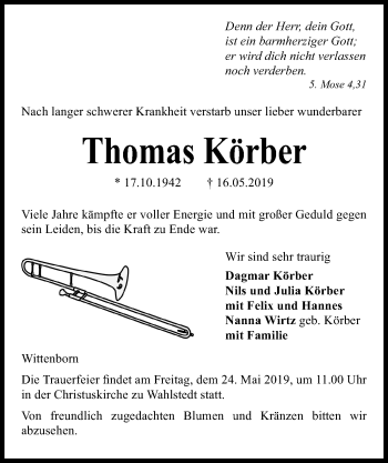 Traueranzeige von Thomas Körber von Kieler Nachrichten