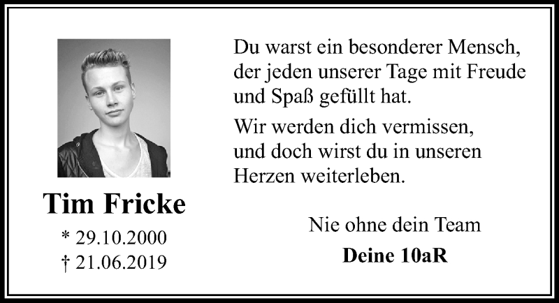  Traueranzeige für Tim Fricke vom 29.06.2019 aus Aller Zeitung